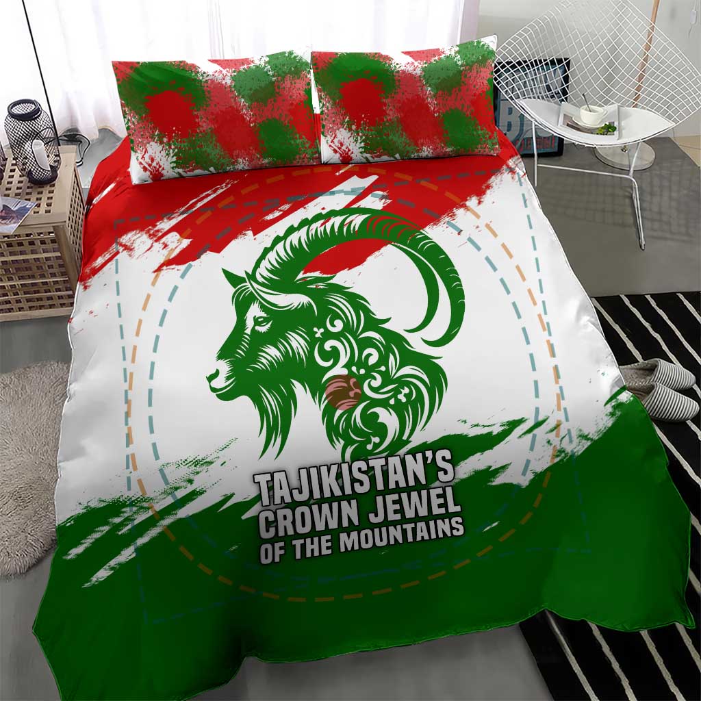 Tajikistan Bedding Set Markhor with Red Green White Brushstroke Flag with Mountain Goat Design