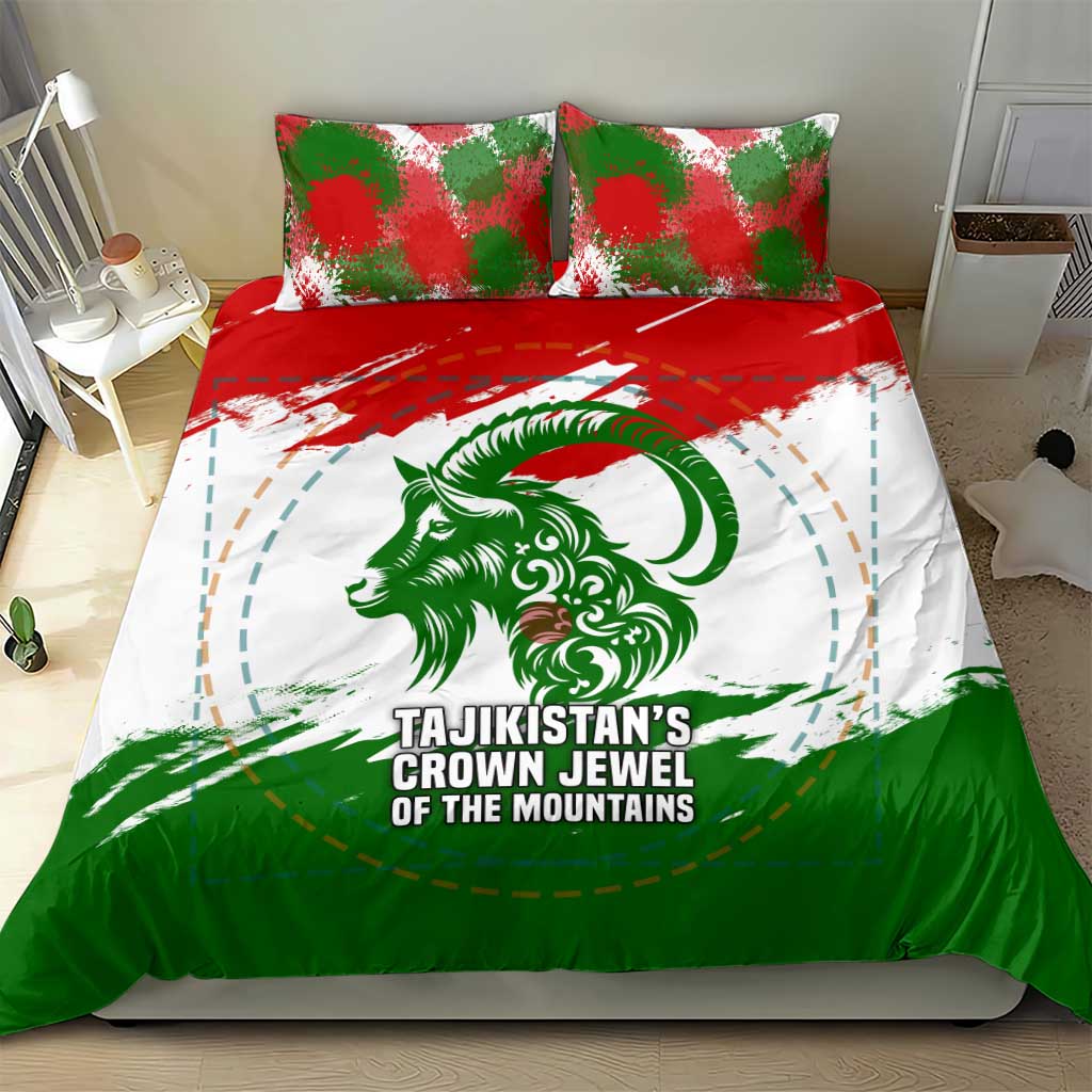 Tajikistan Bedding Set Markhor with Red Green White Brushstroke Flag with Mountain Goat Design