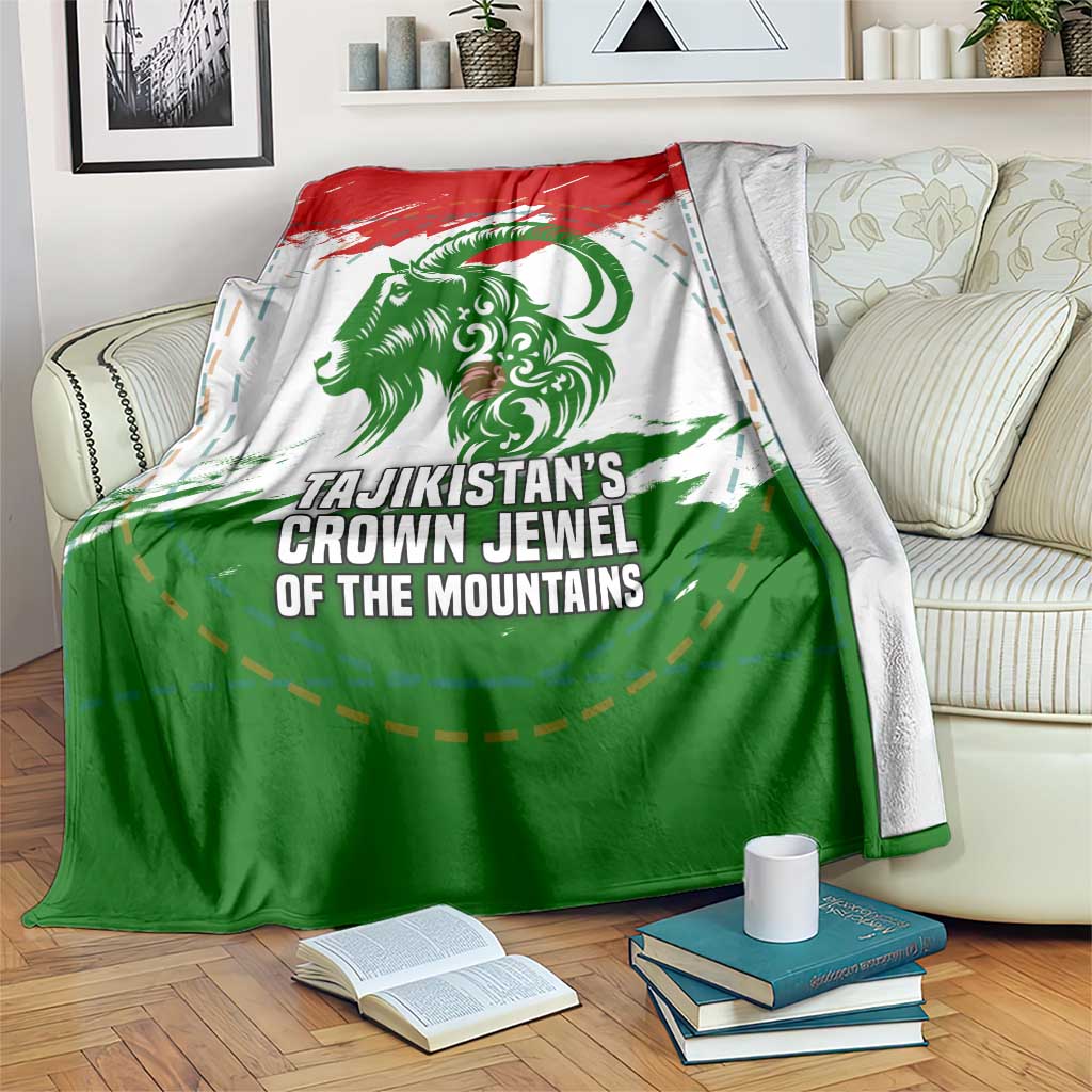 Tajikistan Blanket Markhor with Red Green White Brushstroke Flag with Mountain Goat Design