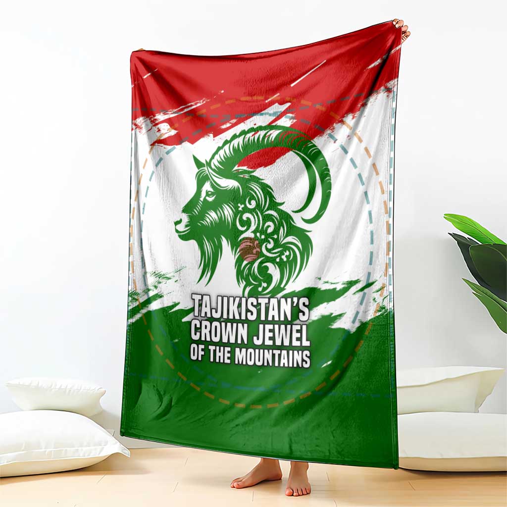 Tajikistan Blanket Markhor with Red Green White Brushstroke Flag with Mountain Goat Design