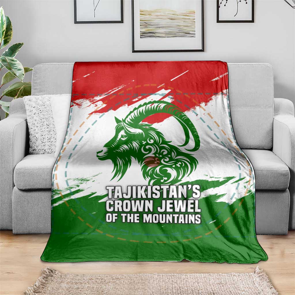 Tajikistan Blanket Markhor with Red Green White Brushstroke Flag with Mountain Goat Design