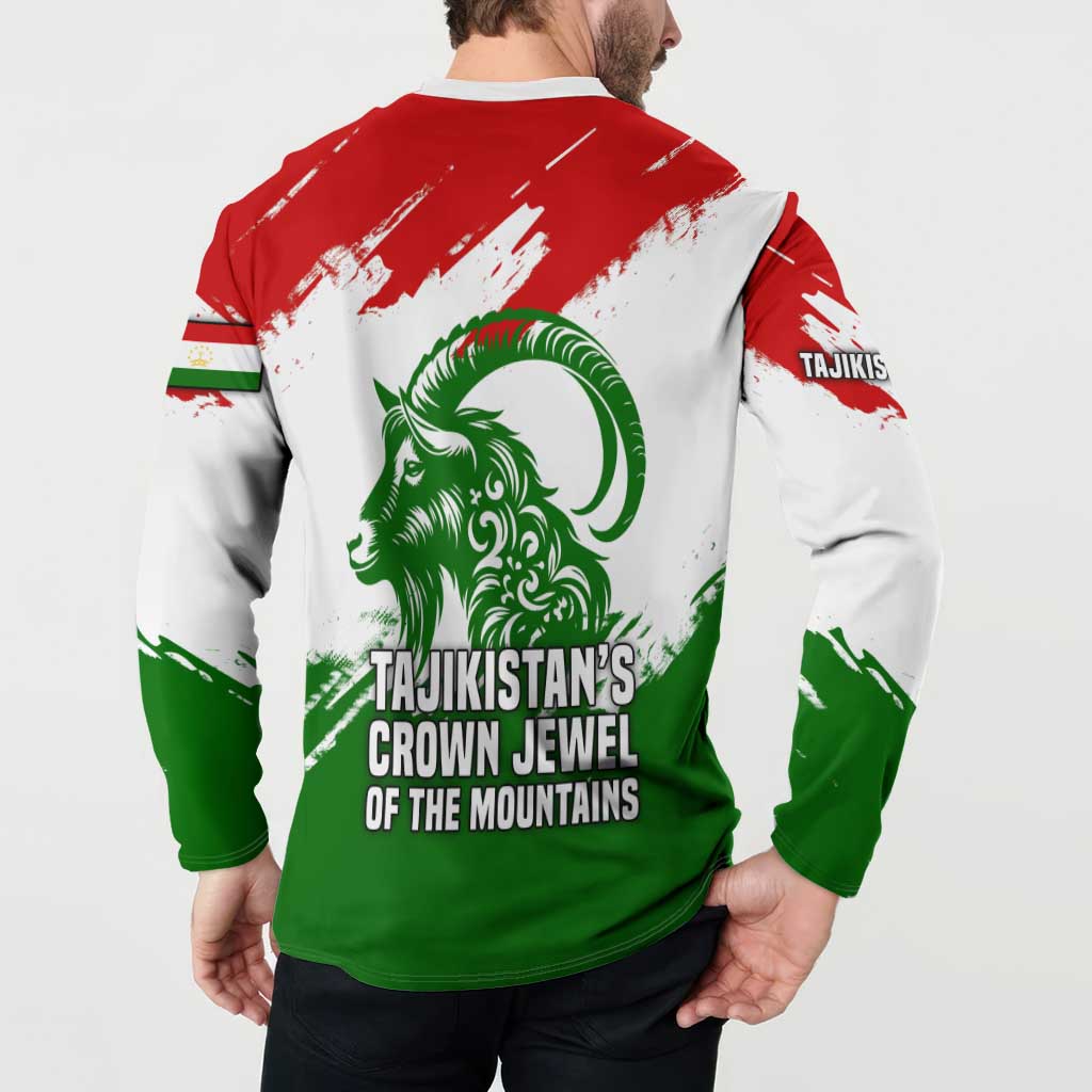 Tajikistan Button Sweatshirt Markhor with Red Green White Brushstroke Flag with Mountain Goat Design