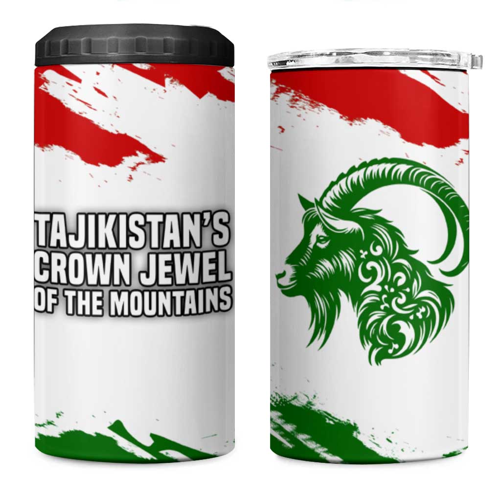 Tajikistan 4 in 1 Can Cooler Tumbler Markhor with Red Green White Brushstroke Flag with Mountain Goat Design