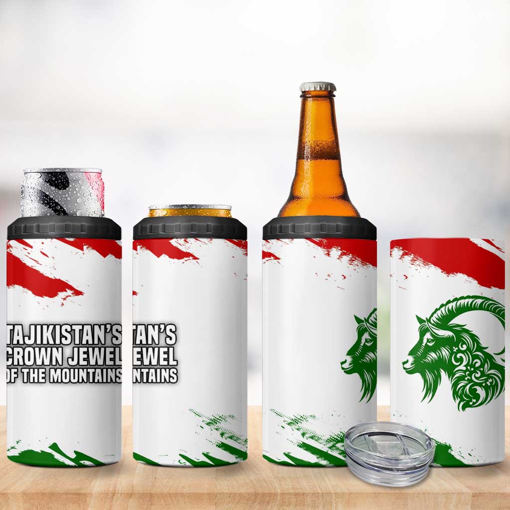 Tajikistan 4 in 1 Can Cooler Tumbler Markhor with Red Green White Brushstroke Flag with Mountain Goat Design