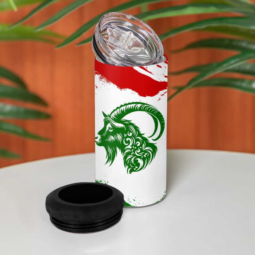 Tajikistan 4 in 1 Can Cooler Tumbler Markhor with Red Green White Brushstroke Flag with Mountain Goat Design