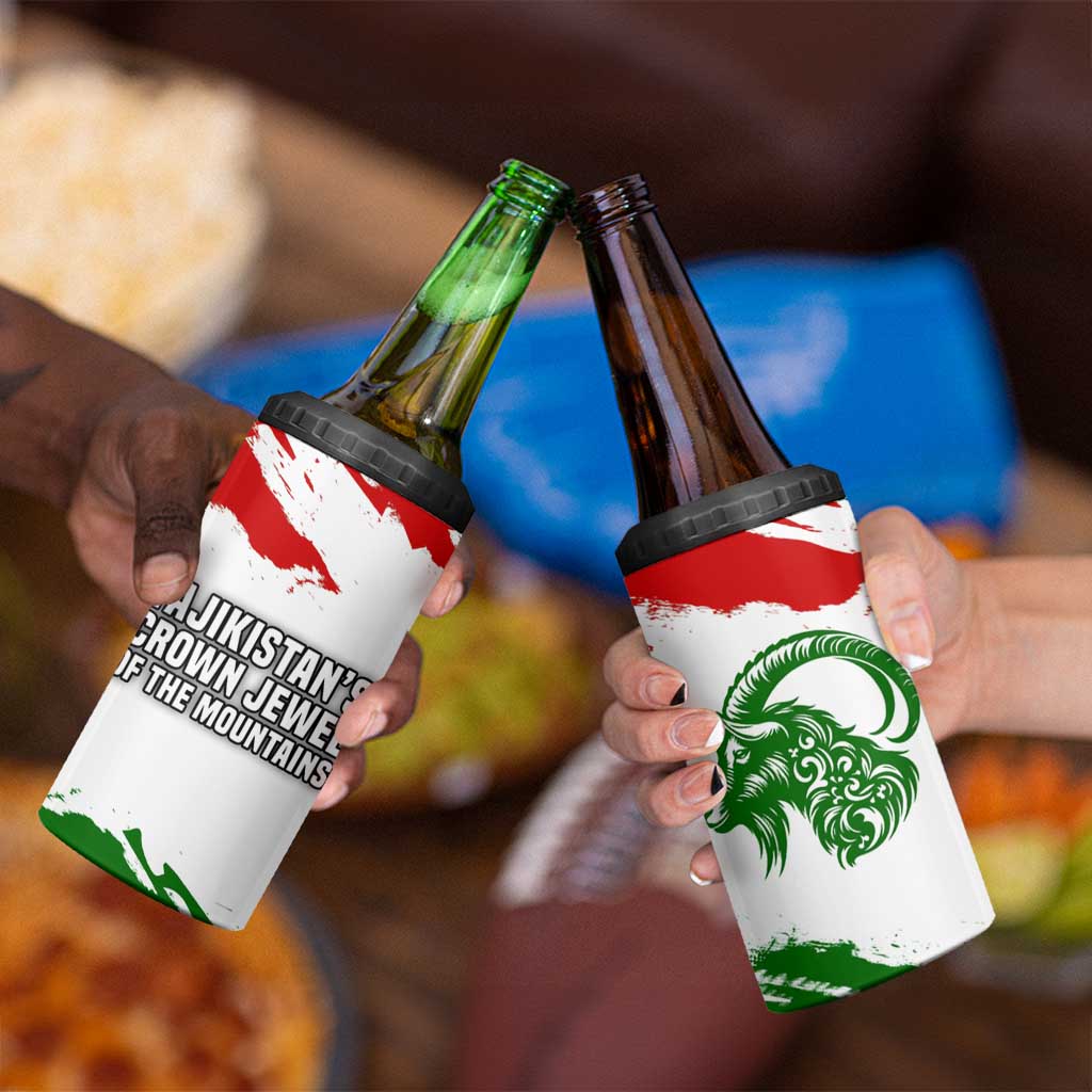 Tajikistan 4 in 1 Can Cooler Tumbler Markhor with Red Green White Brushstroke Flag with Mountain Goat Design