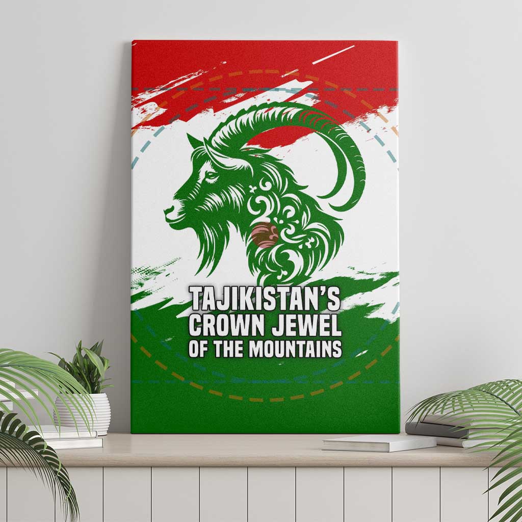 Tajikistan Canvas Wall Art Markhor with Red Green White Brushstroke Flag with Mountain Goat Design