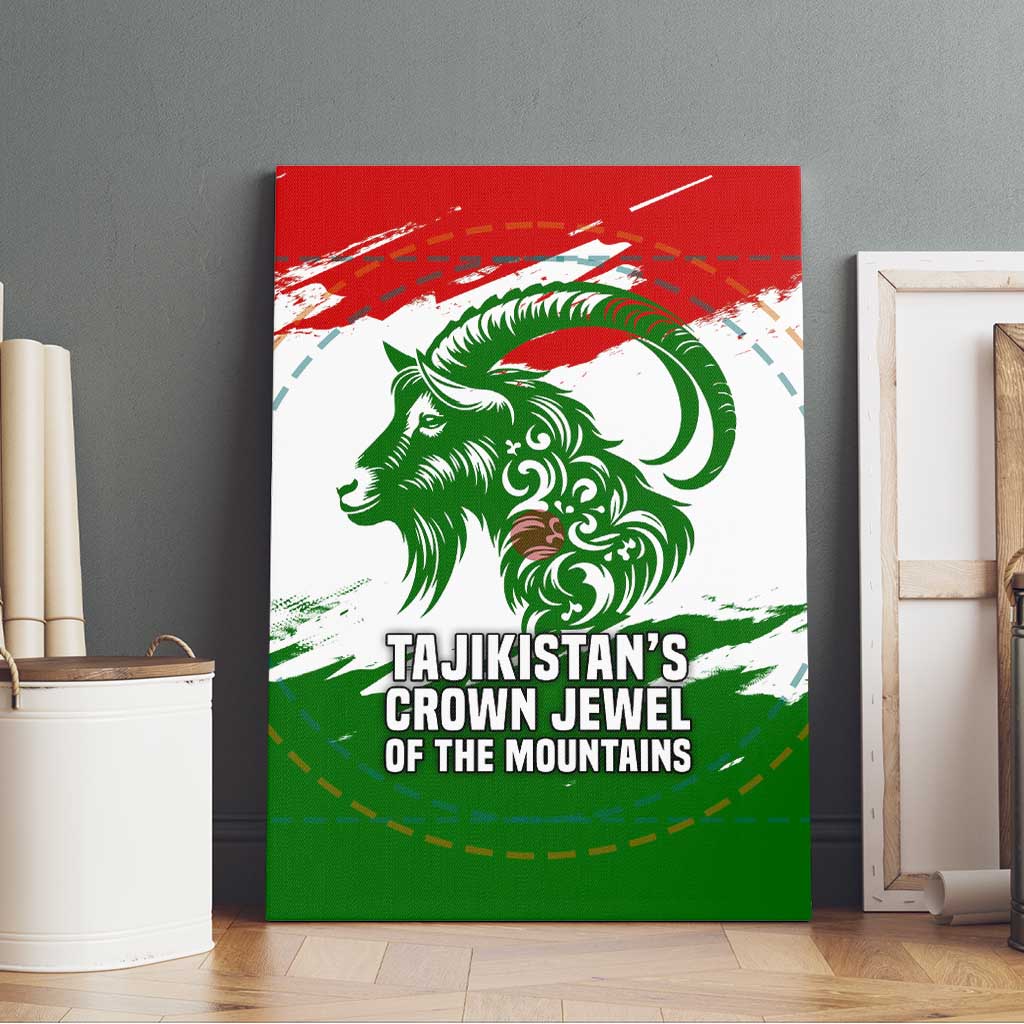 Tajikistan Canvas Wall Art Markhor with Red Green White Brushstroke Flag with Mountain Goat Design
