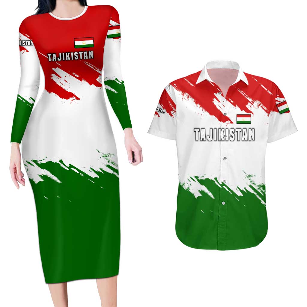 Tajikistan Couples Matching Long Sleeve Bodycon Dress and Hawaiian Shirt Markhor with Red Green White Brushstroke Flag with Mountain Goat Design