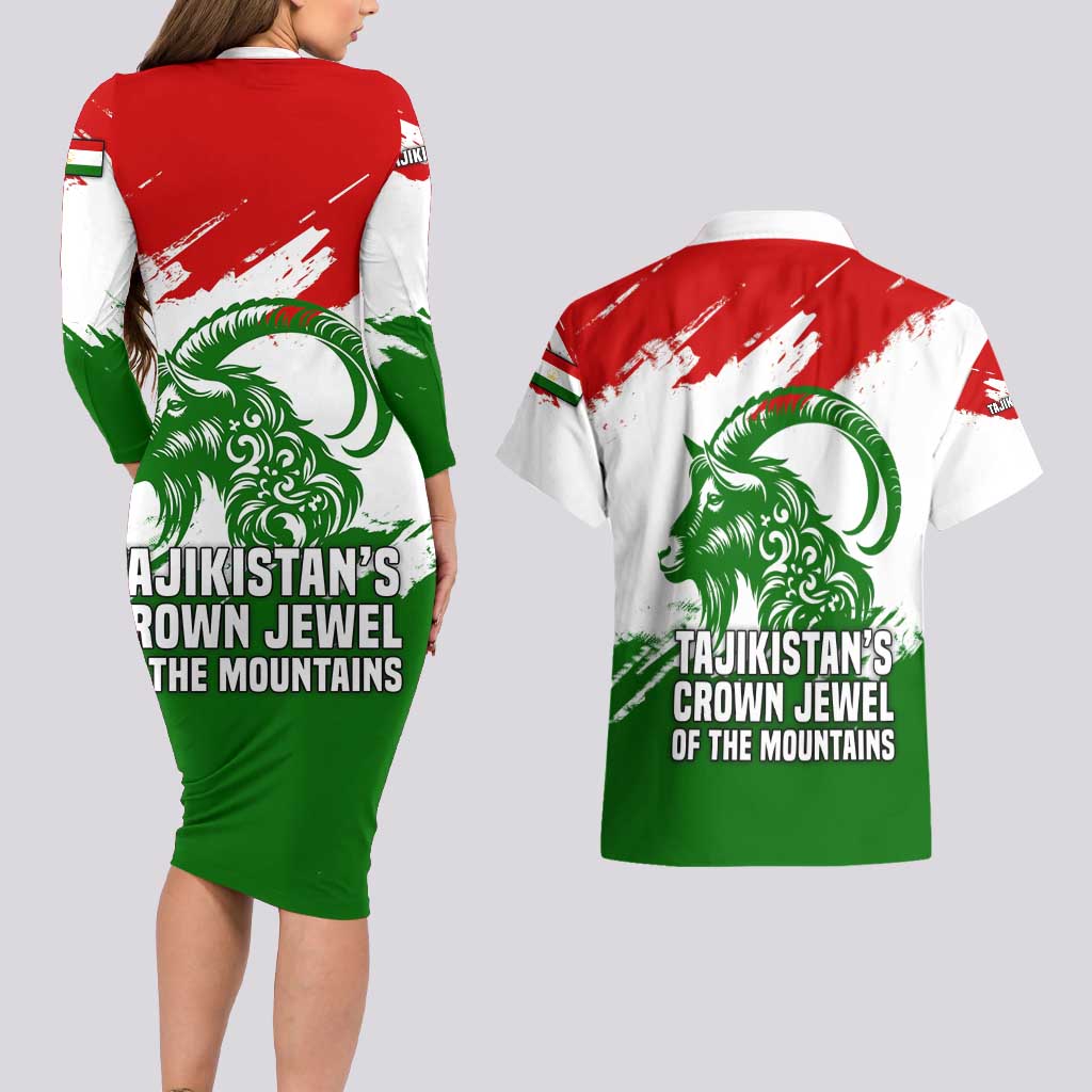 Tajikistan Couples Matching Long Sleeve Bodycon Dress and Hawaiian Shirt Markhor with Red Green White Brushstroke Flag with Mountain Goat Design