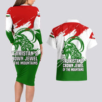 Tajikistan Couples Matching Long Sleeve Bodycon Dress and Hawaiian Shirt Markhor with Red Green White Brushstroke Flag with Mountain Goat Design