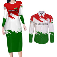 Tajikistan Couples Matching Long Sleeve Bodycon Dress and Long Sleeve Button Shirt Markhor with Red Green White Brushstroke Flag with Mountain Goat Design
