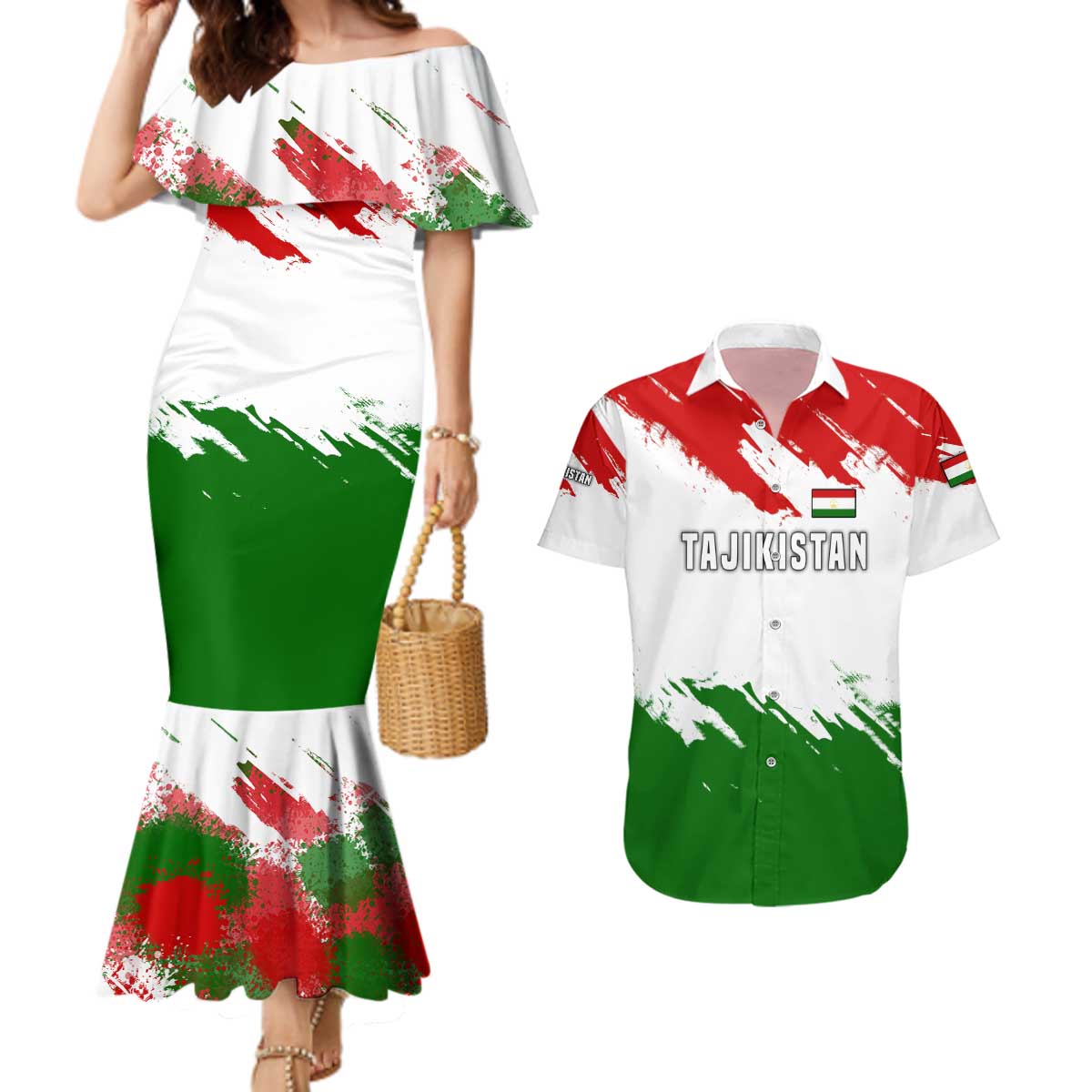 Tajikistan Couples Matching Mermaid Dress and Hawaiian Shirt Markhor with Red Green White Brushstroke Flag with Mountain Goat Design