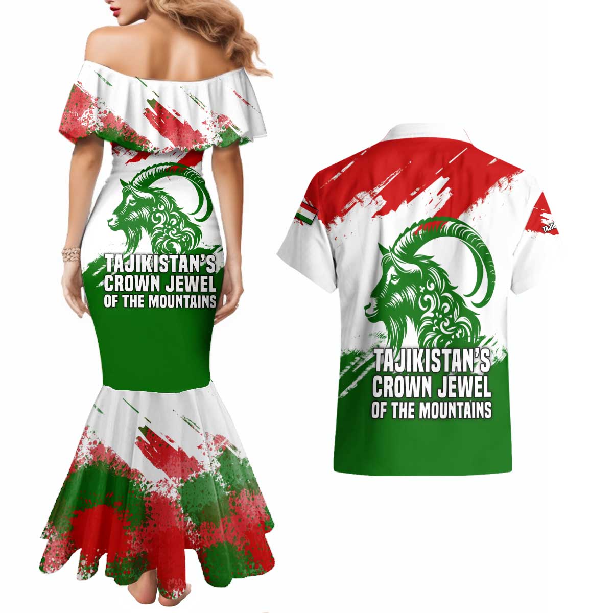 Tajikistan Couples Matching Mermaid Dress and Hawaiian Shirt Markhor with Red Green White Brushstroke Flag with Mountain Goat Design