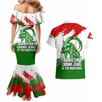 Tajikistan Couples Matching Mermaid Dress and Hawaiian Shirt Markhor with Red Green White Brushstroke Flag with Mountain Goat Design