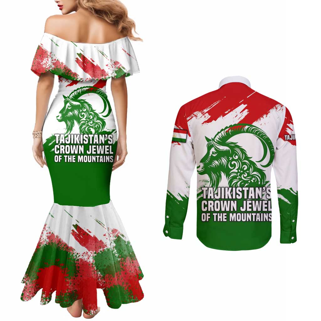 Tajikistan Couples Matching Mermaid Dress and Long Sleeve Button Shirt Markhor with Red Green White Brushstroke Flag with Mountain Goat Design