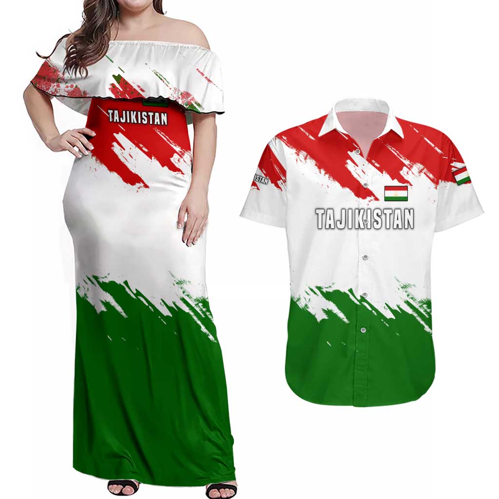 Tajikistan Couples Matching Off Shoulder Maxi Dress and Hawaiian Shirt Markhor with Red Green White Brushstroke Flag with Mountain Goat Design