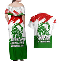 Tajikistan Couples Matching Off Shoulder Maxi Dress and Hawaiian Shirt Markhor with Red Green White Brushstroke Flag with Mountain Goat Design