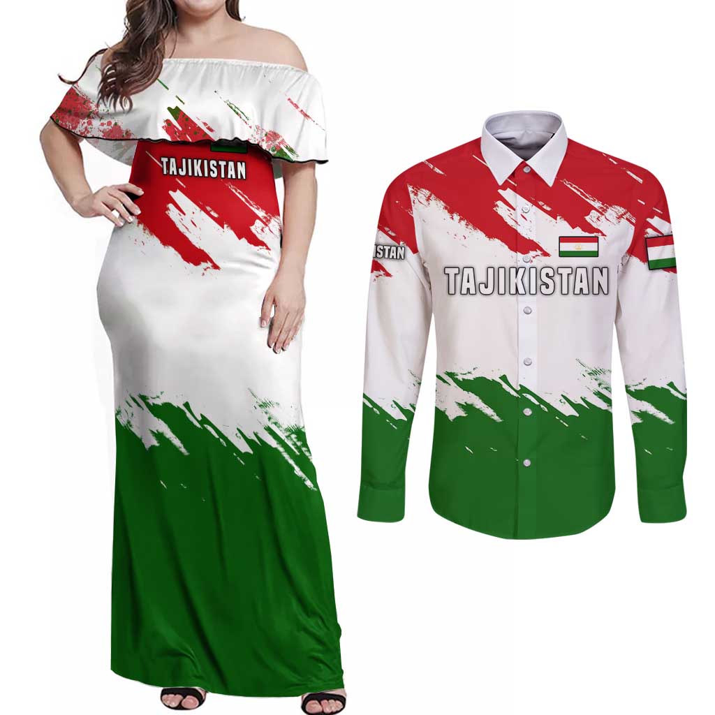 Tajikistan Couples Matching Off Shoulder Maxi Dress and Long Sleeve Button Shirt Markhor with Red Green White Brushstroke Flag with Mountain Goat Design