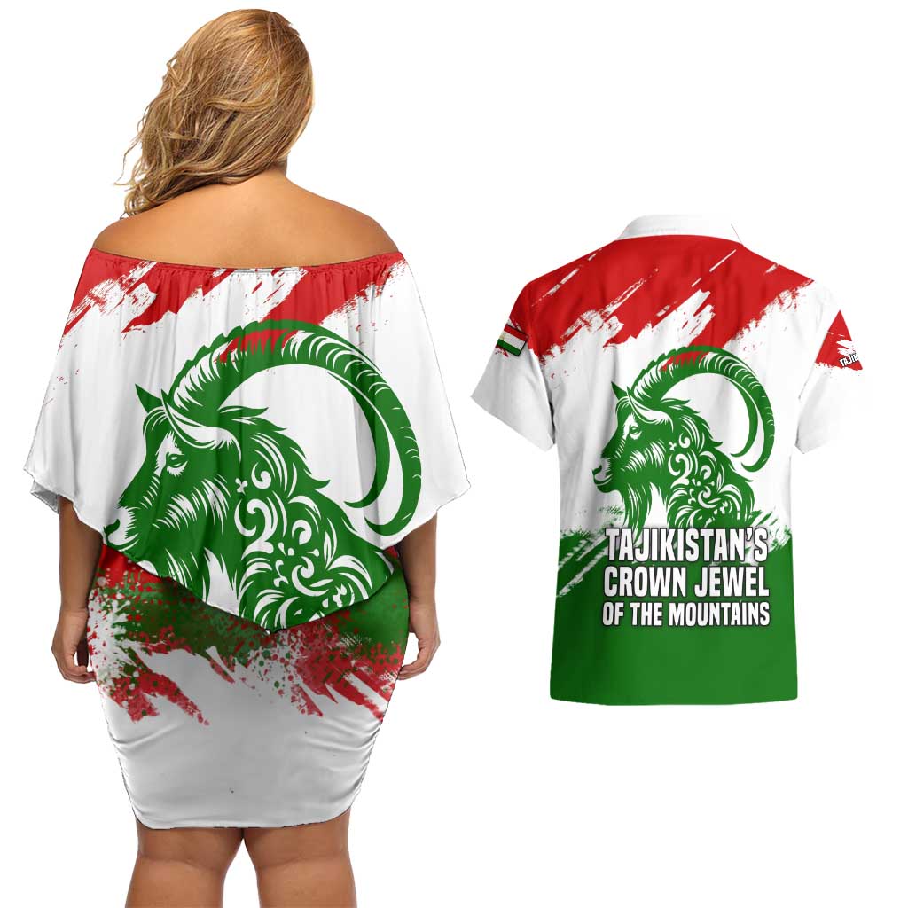 Tajikistan Couples Matching Off Shoulder Short Dress and Hawaiian Shirt Markhor with Red Green White Brushstroke Flag with Mountain Goat Design
