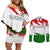 Tajikistan Couples Matching Off Shoulder Short Dress and Long Sleeve Button Shirt Markhor with Red Green White Brushstroke Flag with Mountain Goat Design
