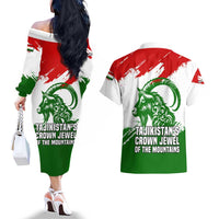 Tajikistan Couples Matching Off The Shoulder Long Sleeve Dress and Hawaiian Shirt Markhor with Red Green White Brushstroke Flag with Mountain Goat Design