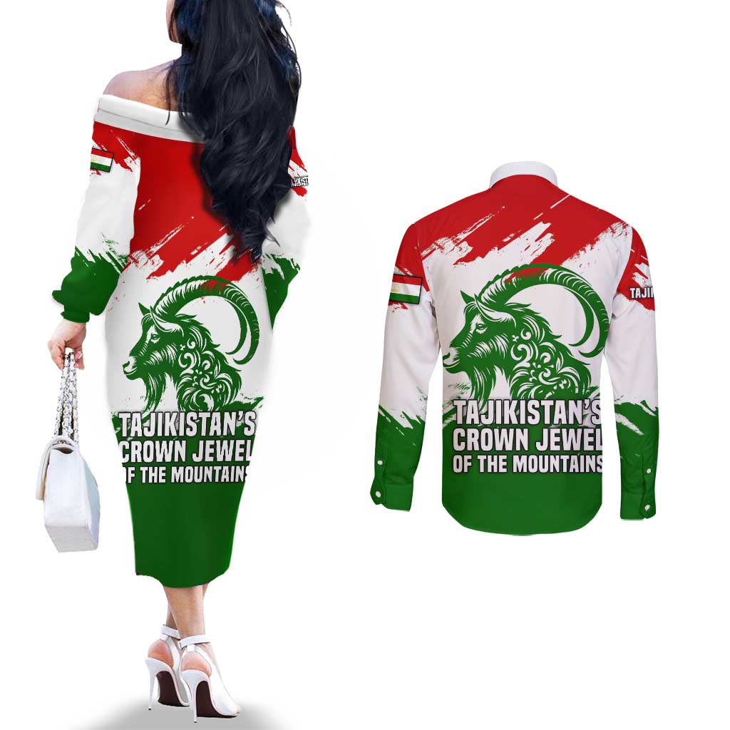 Tajikistan Couples Matching Off The Shoulder Long Sleeve Dress and Long Sleeve Button Shirt Markhor with Red Green White Brushstroke Flag with Mountain Goat Design