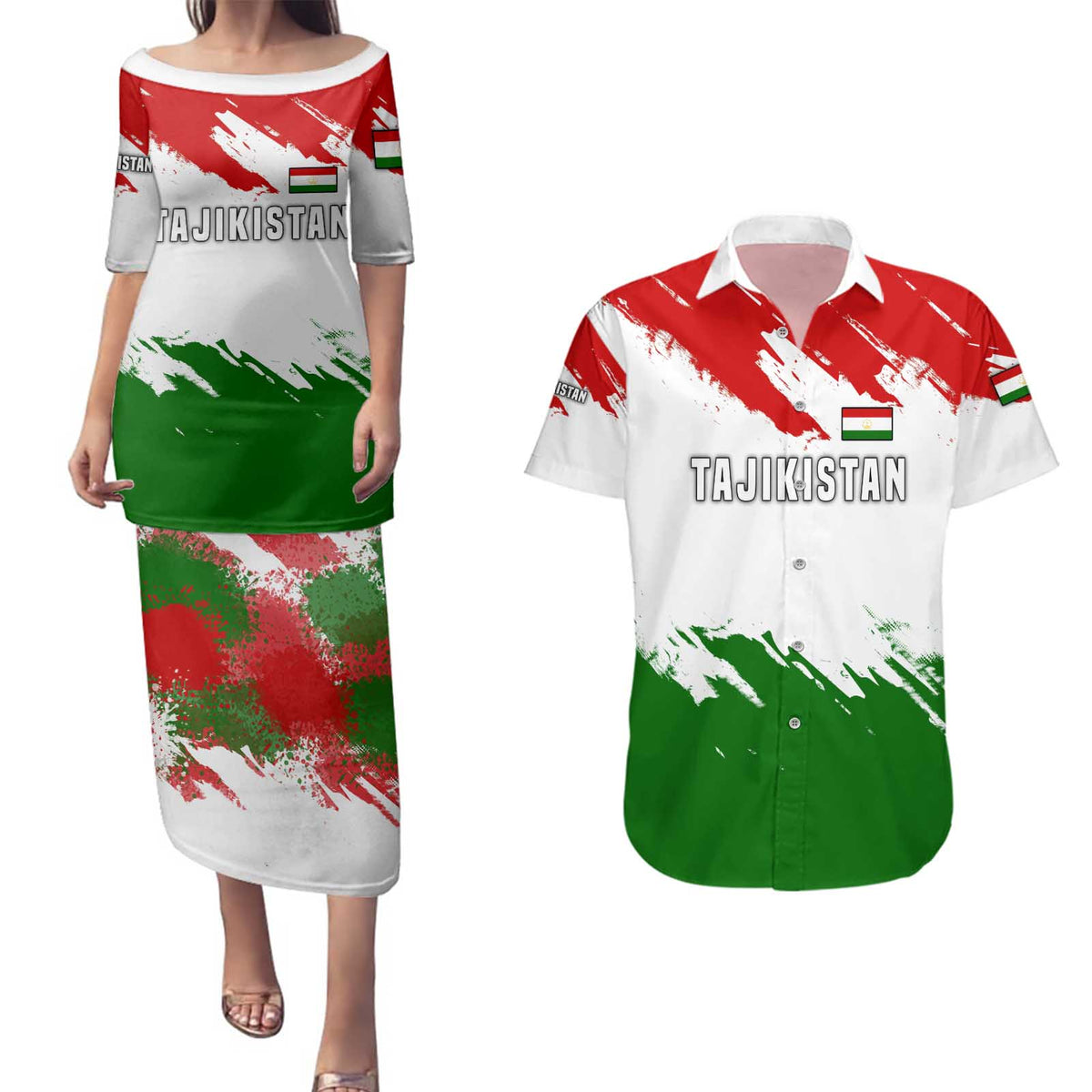 Tajikistan Couples Matching Puletasi and Hawaiian Shirt Markhor with Red Green White Brushstroke Flag with Mountain Goat Design