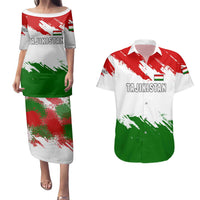 Tajikistan Couples Matching Puletasi and Hawaiian Shirt Markhor with Red Green White Brushstroke Flag with Mountain Goat Design