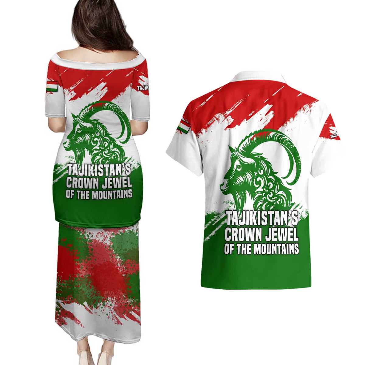 Tajikistan Couples Matching Puletasi and Hawaiian Shirt Markhor with Red Green White Brushstroke Flag with Mountain Goat Design