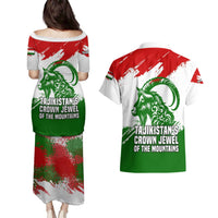 Tajikistan Couples Matching Puletasi and Hawaiian Shirt Markhor with Red Green White Brushstroke Flag with Mountain Goat Design