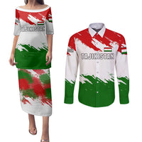 Tajikistan Couples Matching Puletasi and Long Sleeve Button Shirt Markhor with Red Green White Brushstroke Flag with Mountain Goat Design