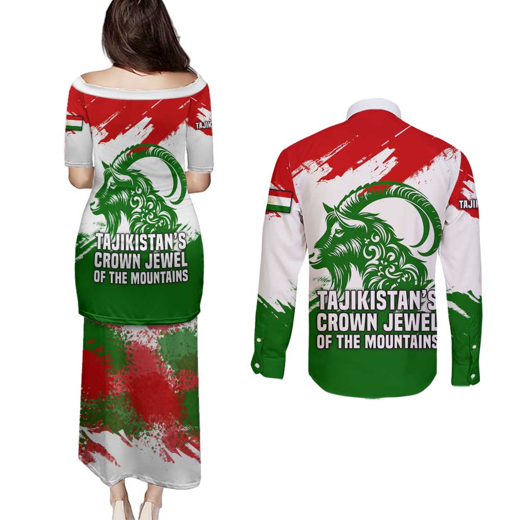 Tajikistan Couples Matching Puletasi and Long Sleeve Button Shirt Markhor with Red Green White Brushstroke Flag with Mountain Goat Design