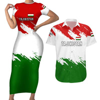 Tajikistan Couples Matching Short Sleeve Bodycon Dress and Hawaiian Shirt Markhor with Red Green White Brushstroke Flag with Mountain Goat Design