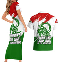 Tajikistan Couples Matching Short Sleeve Bodycon Dress and Hawaiian Shirt Markhor with Red Green White Brushstroke Flag with Mountain Goat Design