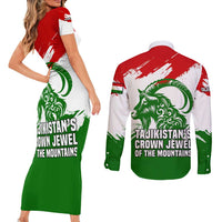 Tajikistan Couples Matching Short Sleeve Bodycon Dress and Long Sleeve Button Shirt Markhor with Red Green White Brushstroke Flag with Mountain Goat Design