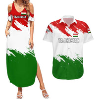Tajikistan Couples Matching Summer Maxi Dress and Hawaiian Shirt Markhor with Red Green White Brushstroke Flag with Mountain Goat Design