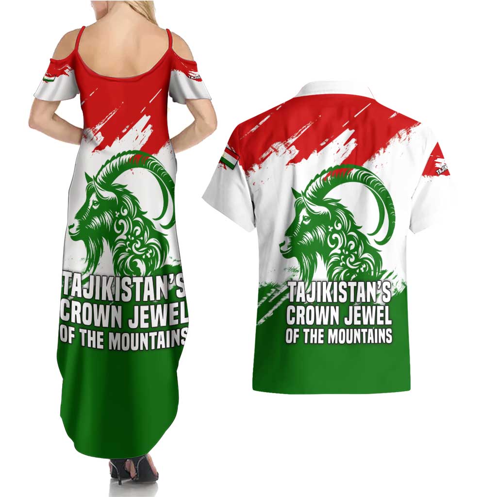Tajikistan Couples Matching Summer Maxi Dress and Hawaiian Shirt Markhor with Red Green White Brushstroke Flag with Mountain Goat Design