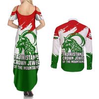Tajikistan Couples Matching Summer Maxi Dress and Long Sleeve Button Shirt Markhor with Red Green White Brushstroke Flag with Mountain Goat Design