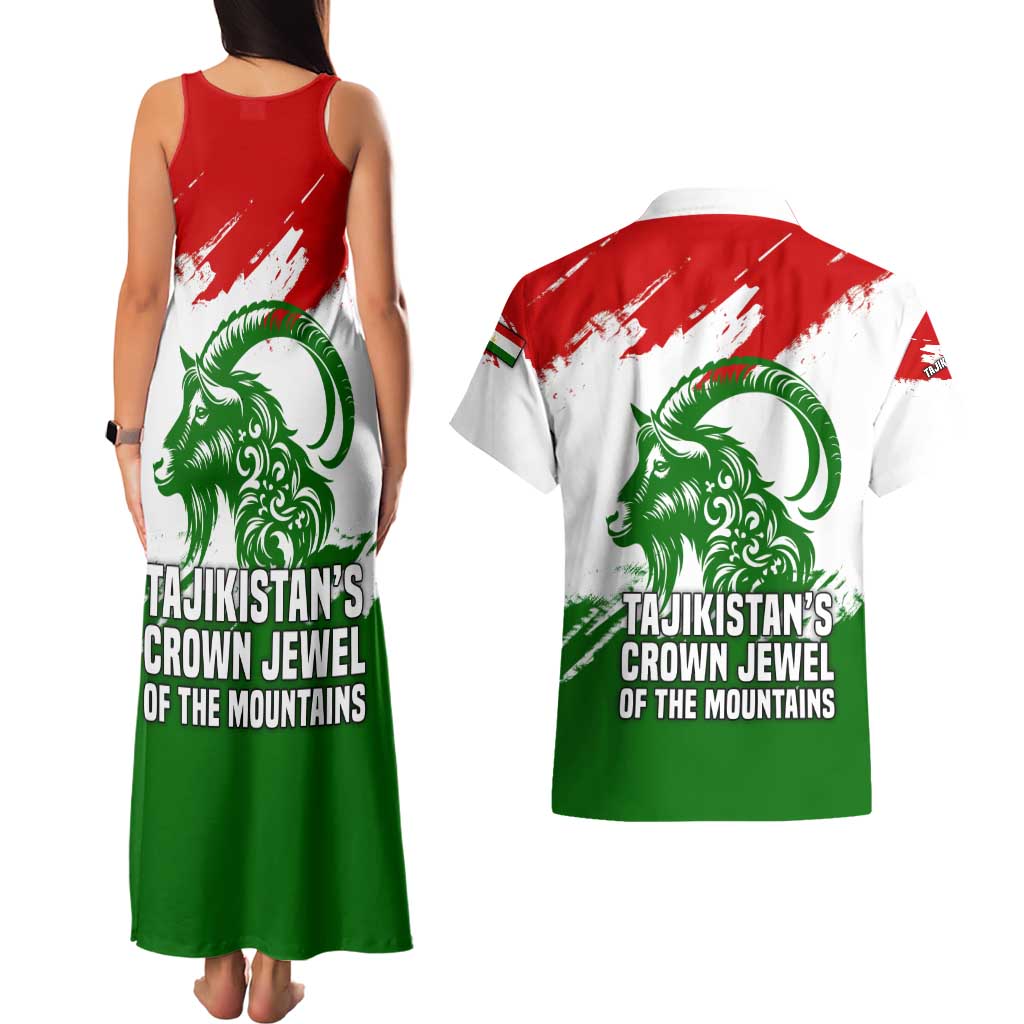 Tajikistan Couples Matching Tank Maxi Dress and Hawaiian Shirt Markhor with Red Green White Brushstroke Flag with Mountain Goat Design