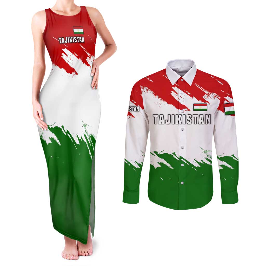 Tajikistan Couples Matching Tank Maxi Dress and Long Sleeve Button Shirt Markhor with Red Green White Brushstroke Flag with Mountain Goat Design