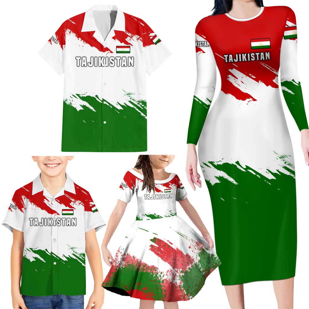 Tajikistan Family Matching Long Sleeve Bodycon Dress and Hawaiian Shirt Markhor with Red Green White Brushstroke Flag with Mountain Goat Design