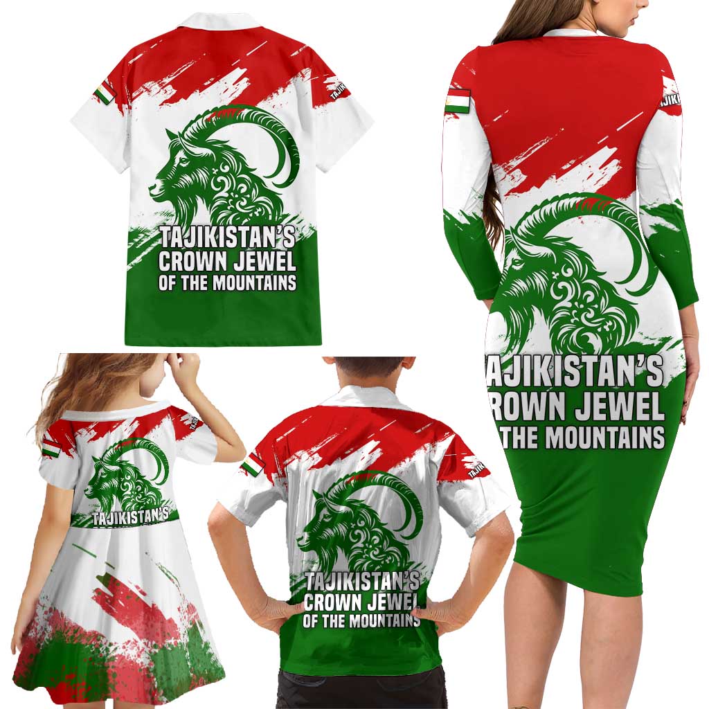 Tajikistan Family Matching Long Sleeve Bodycon Dress and Hawaiian Shirt Markhor with Red Green White Brushstroke Flag with Mountain Goat Design