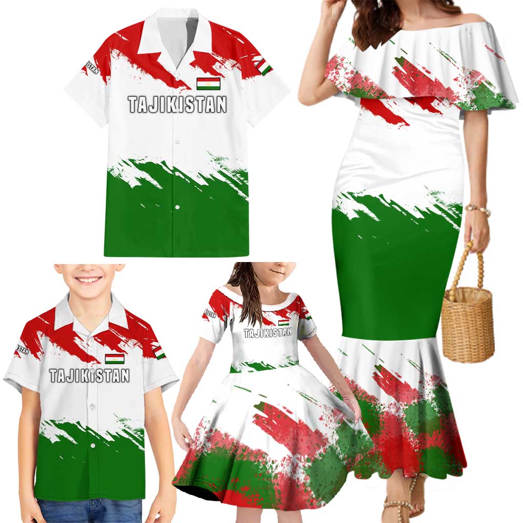 Tajikistan Family Matching Mermaid Dress and Hawaiian Shirt Markhor with Red Green White Brushstroke Flag with Mountain Goat Design