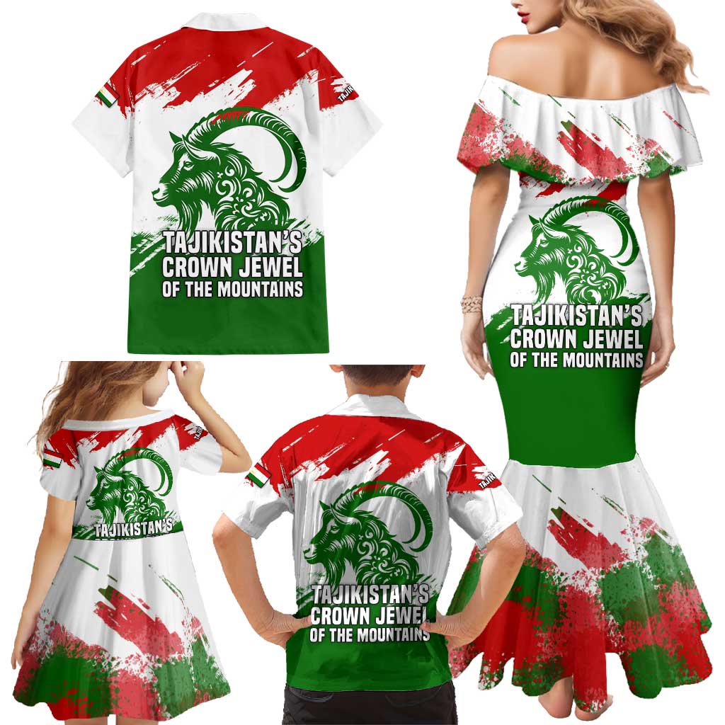 Tajikistan Family Matching Mermaid Dress and Hawaiian Shirt Markhor with Red Green White Brushstroke Flag with Mountain Goat Design