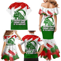 Tajikistan Family Matching Mermaid Dress and Hawaiian Shirt Markhor with Red Green White Brushstroke Flag with Mountain Goat Design