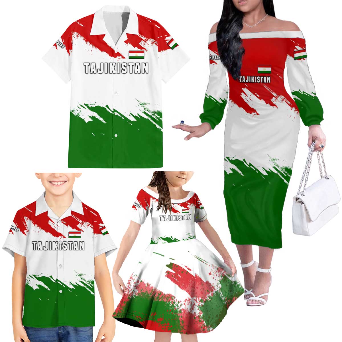 Tajikistan Family Matching Off The Shoulder Long Sleeve Dress and Hawaiian Shirt Markhor with Red Green White Brushstroke Flag with Mountain Goat Design
