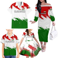Tajikistan Family Matching Off The Shoulder Long Sleeve Dress and Hawaiian Shirt Markhor with Red Green White Brushstroke Flag with Mountain Goat Design