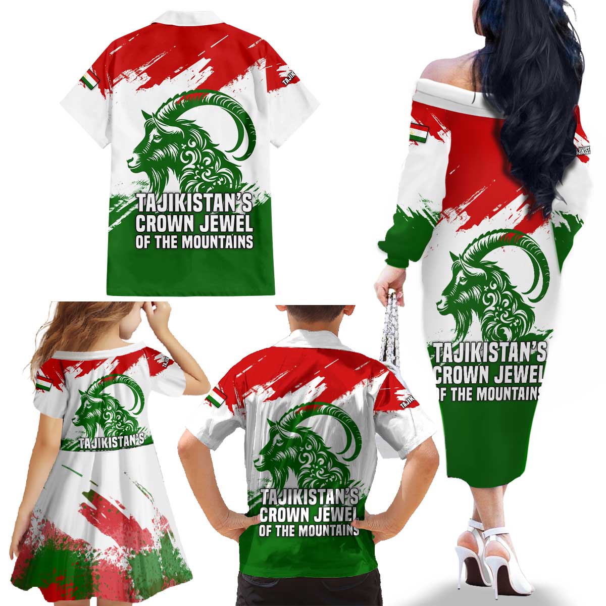 Tajikistan Family Matching Off The Shoulder Long Sleeve Dress and Hawaiian Shirt Markhor with Red Green White Brushstroke Flag with Mountain Goat Design