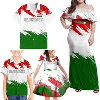Tajikistan Family Matching Off Shoulder Maxi Dress and Hawaiian Shirt Markhor with Red Green White Brushstroke Flag with Mountain Goat Design